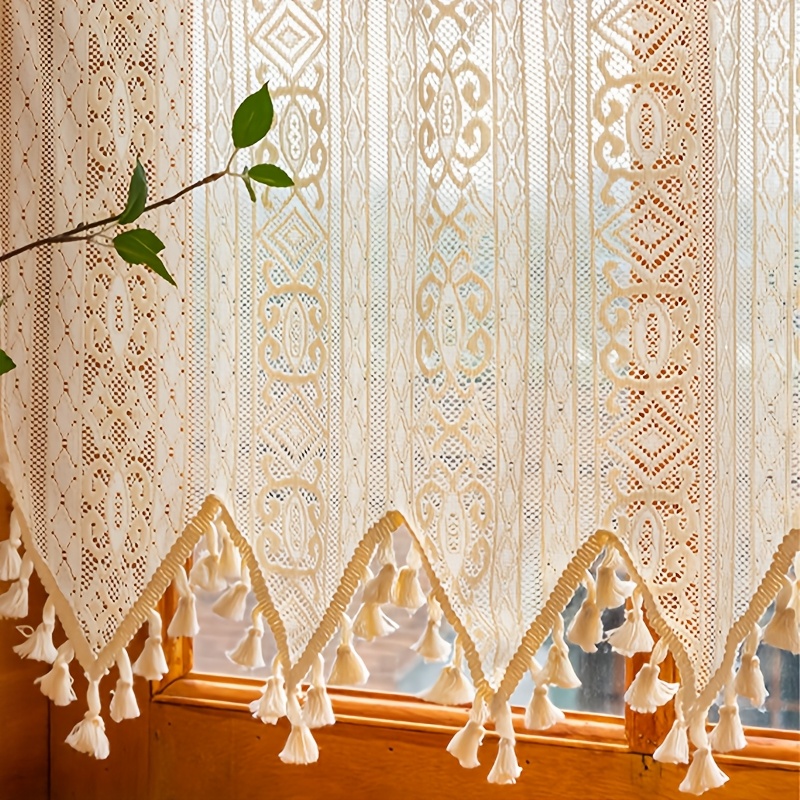 1pc Short Sheer Curtain With Handcrafted Tassel Striped Pattern, Crochet Lace Design, Suitable For Kitchen, Cafe, Bathroom, Retro Room Decor