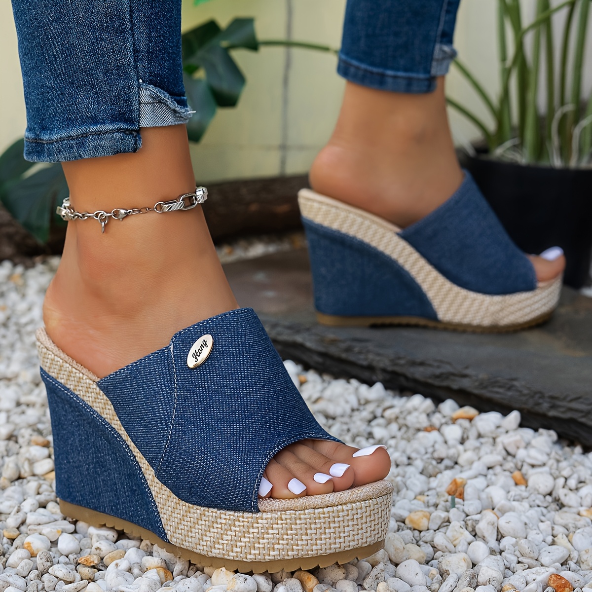 Women'S Black Open Toe Slip-On Wedge Sandals - Thick Rubber Sole, Synthetic Cover Upper, Comfortable Fabric Inner Lining, Casual Summer Footwear for Casual Attire, Strappy Sandal