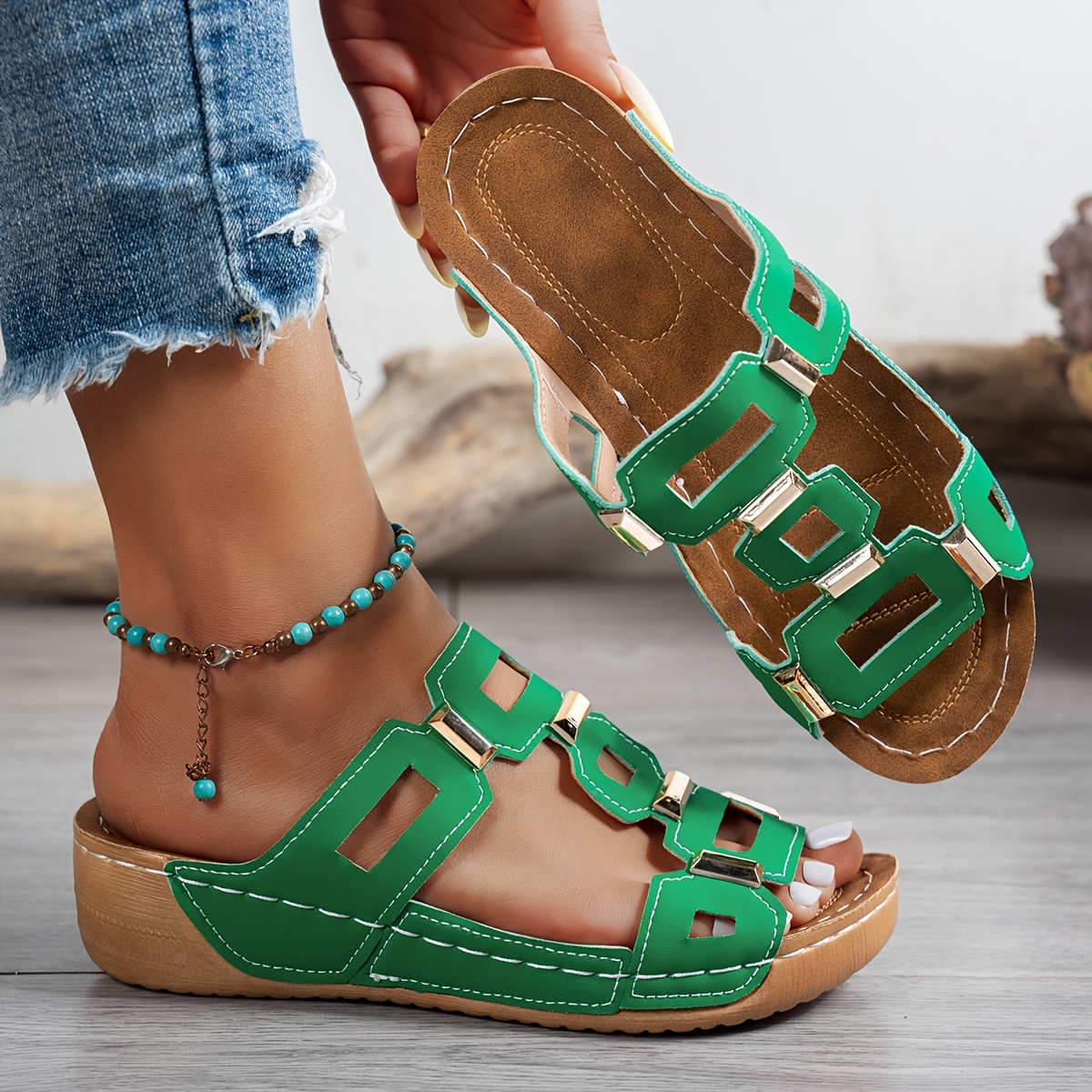 Women'S Plus Size Casual Fashion Comfortable Elegant Versatile Stylish Golden Metal Special-Shaped Creative Durable Outdoor Beach Wedge Heel Open Toe Sandals And Slippers, Women Shoes