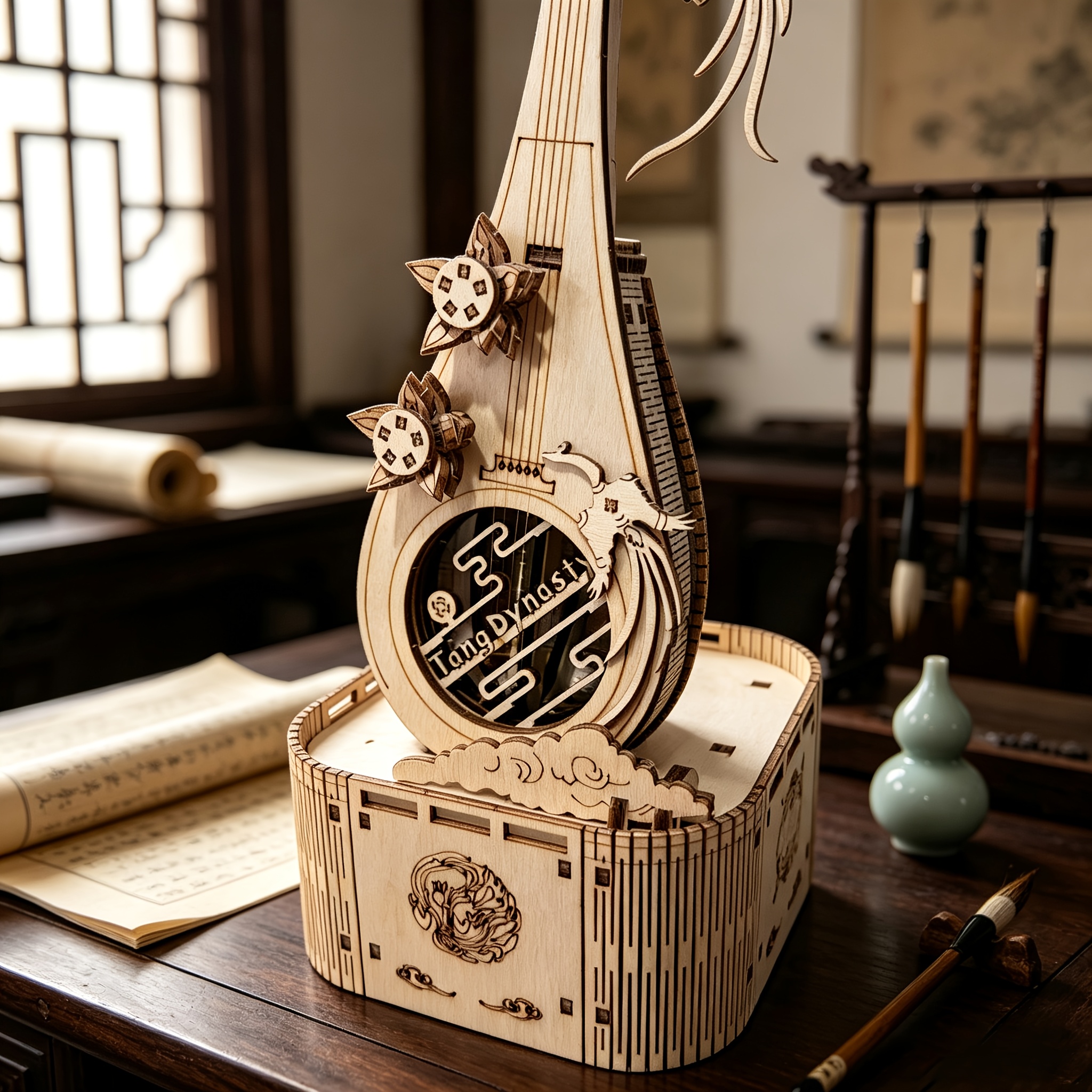 Wooden Pipa Music Box 3D Puzzle, Rotating Ornament