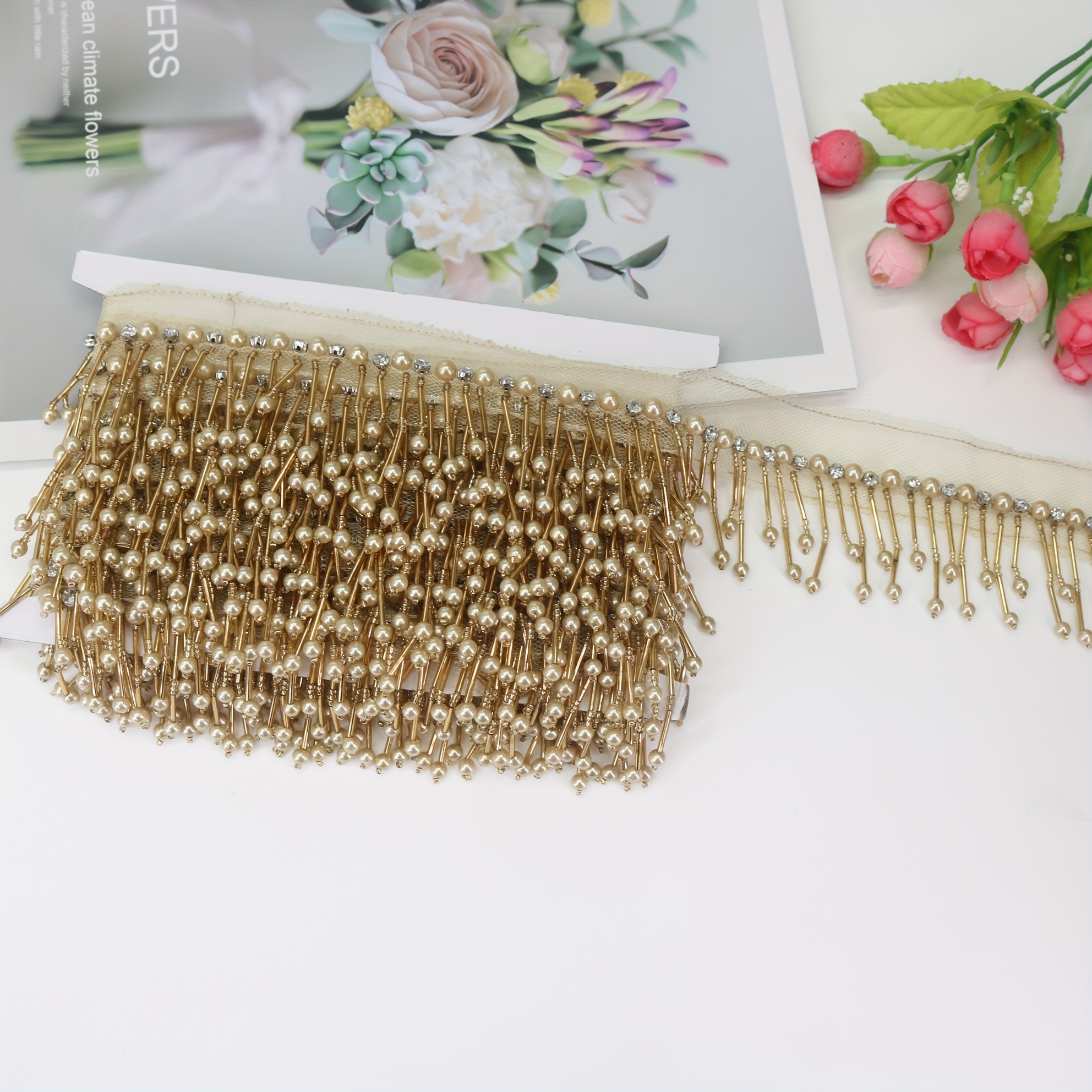 1 yard 6cm beaded tassel lace trim ribbon elegant metallic - Temu