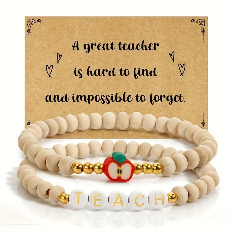 

2 Wooden Peach-colored Bead Bracelets For Teacher's Day, A Thank-you Gift For Teachers, Complete With A Card. Handmade In Of An Heart And Leaf Stem, Colors Are Random.