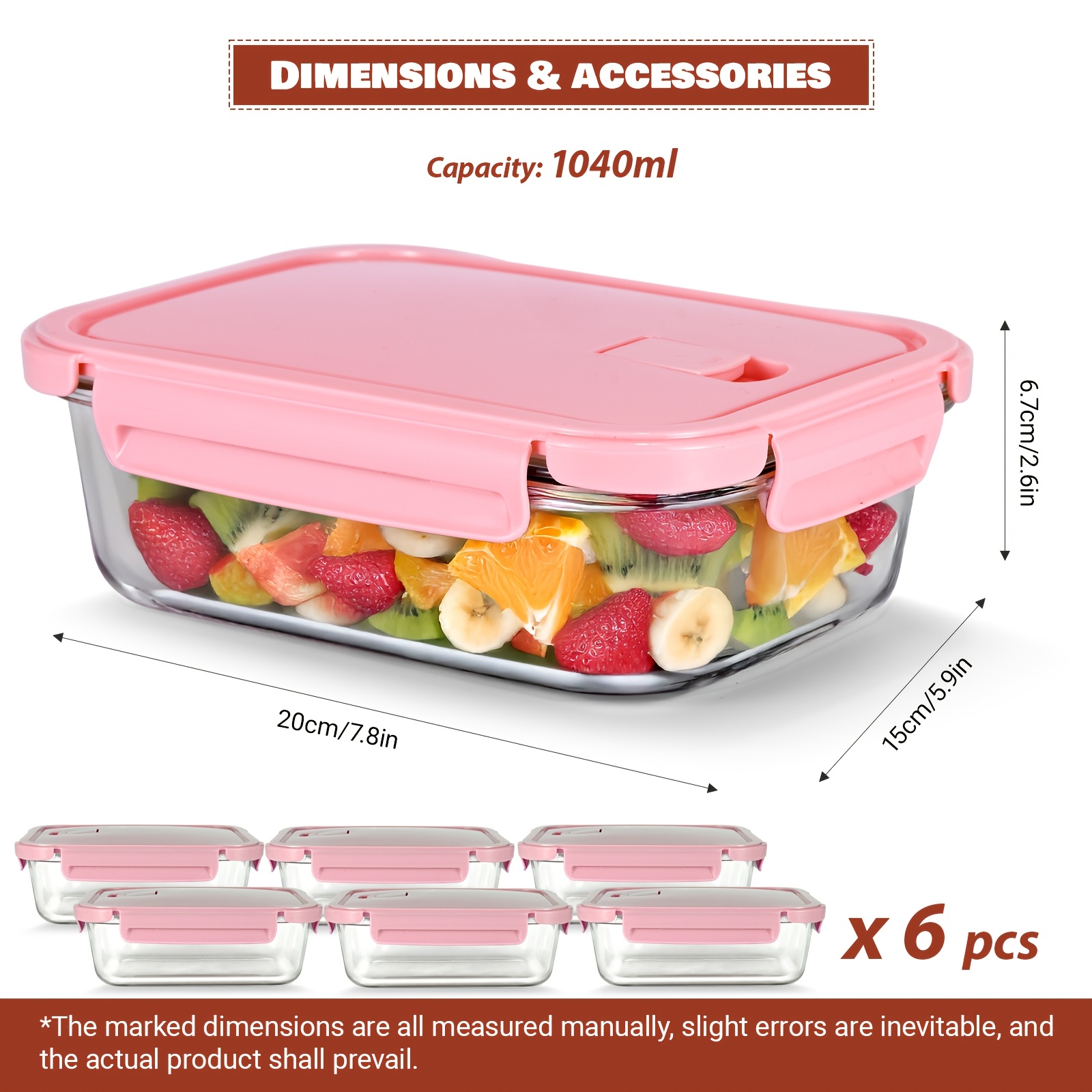 TEMU Boîtes à aliments en verre avec couvercles, ensemble de 6 pièces, 1040 ml, allant au micro-ondes, au lave-vaisselle et au congélateur, boîtes de