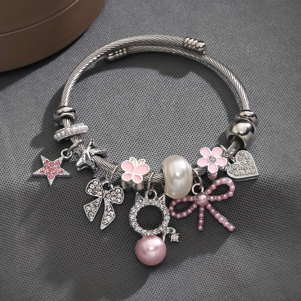TEMU 1pc Bracelet Bracelet Bracelet Élégant Pendentif Chat Incrusté Nœud Perles 304L 304L Acier Inoxydable, Bracelet Bracelet Bracelet Ajouts ,