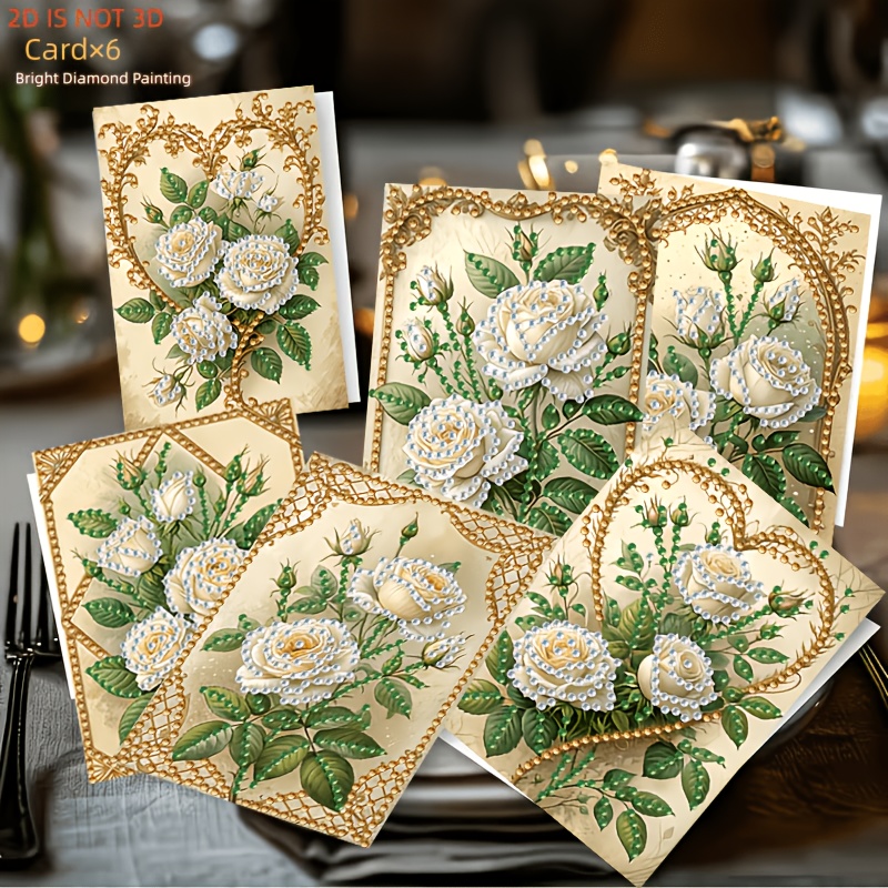 TEMU 2D Plat 6 stuks DIY Diamond Painting Wenskaarten, Vintage Witte Roos Serie Wenskaarten, Origineel Handgeschilderd Ontwerp van , DIY Ronde Strass