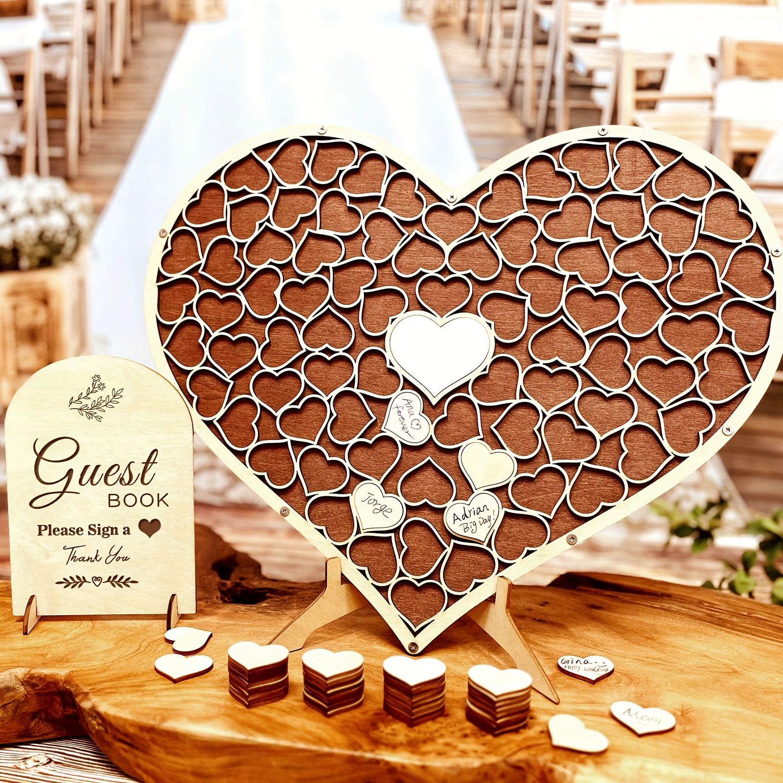 Image of [wedding ] Wooden Heart Wedding Guest Book With 83 Heart-shaped Pieces - Rustic Wedding Decorations, Bridal Shower, Birthday Party Favors & Gifts For Guest