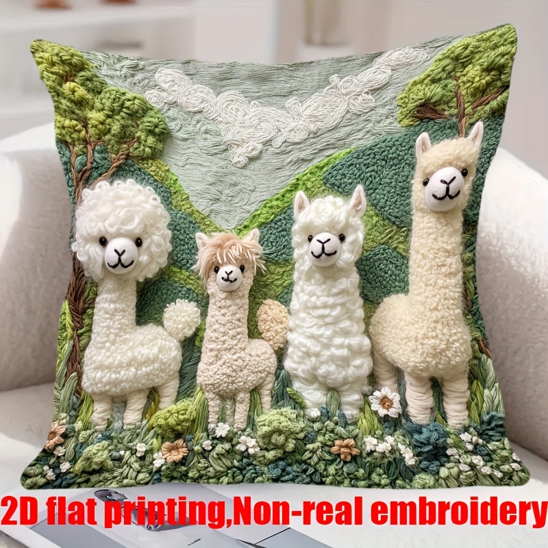 TEMU 1pc 2d Flat Printed Cute Alpaca Velvet Pillowcase - Fun And Comfortable Decorative Pillowcase With Adorable Animal Face And Pastoral Scenery