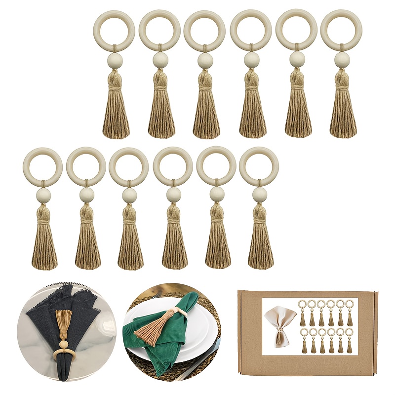 TEMU 12pcs Wooden Bead Napkin Rings, Farmhouse Stretchable Napkin Rings With Tassel Boho Napkin Ring For Dining Table, Wedding Decoration