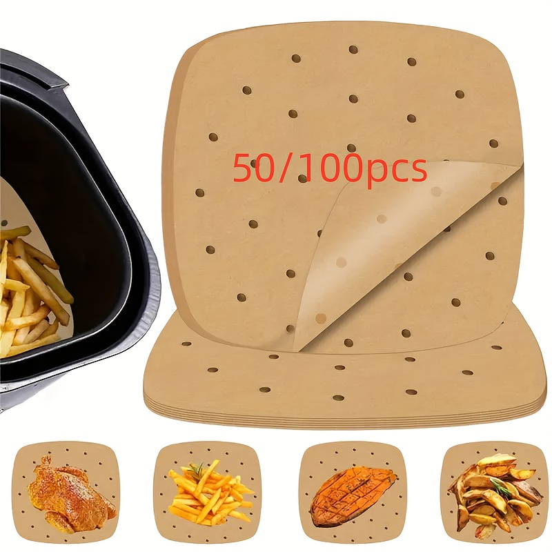 50/100 bucăți Hârtie de Copt Pătrată pentru Air Fryer, Căptușeli De Unică Folosință pentru Aburitor, Hârtie Filtrantă Perforată pentru Air Fryer, Cuptor, Aburitor, Covorașe de Copt De Unică Folosință pentru Servirea Alimentelor