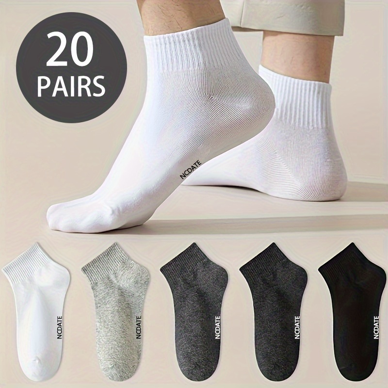 20 Pairs Men's Black White Gray Sports Casual Letter Print Solid Color Versatile Breathable Sweat-absorbent Comfortable Short Socks