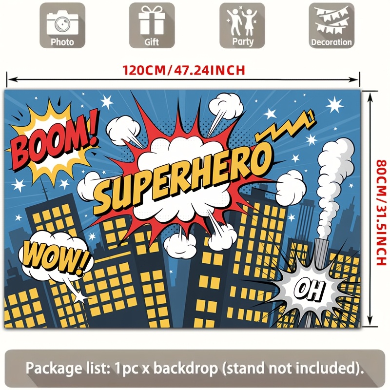 TEMU 2d Flat, 1pc 1pcs Suitable For Party Banner - Boom Wow Superhero Comic Book Cityscape Backdrop With Superhero-themed Decorations, Vibrant Banner