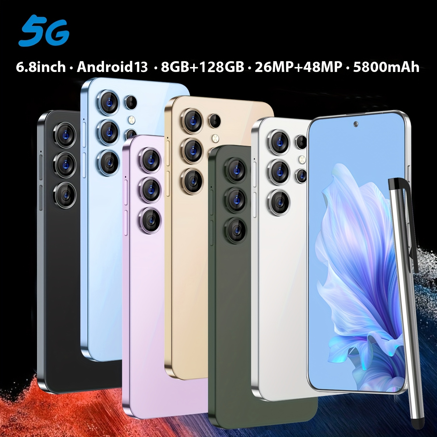 Global Unlocking 8GB+128GB Smartphone, with Android 13 System, 6.8-inch Display, Dual Card Slots, Double Explicit, Includes Stylus Pen, 5800mAh Battery, 26MP+46MP Camer