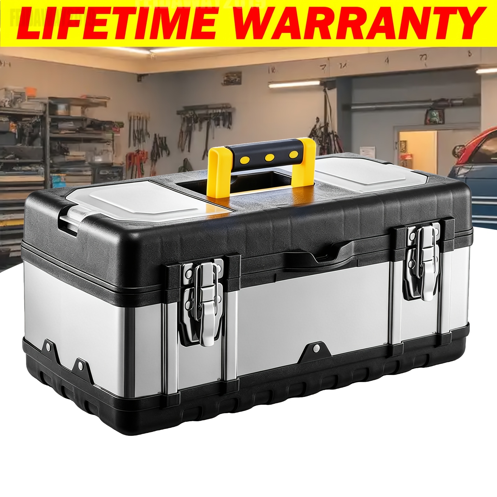 TEMU Tool Box Organise Heavy Duty Metal Latch Portable Toolbox Storage, Stainless Steel & Pp Construction With Removable Tray, Stackable Storage Case