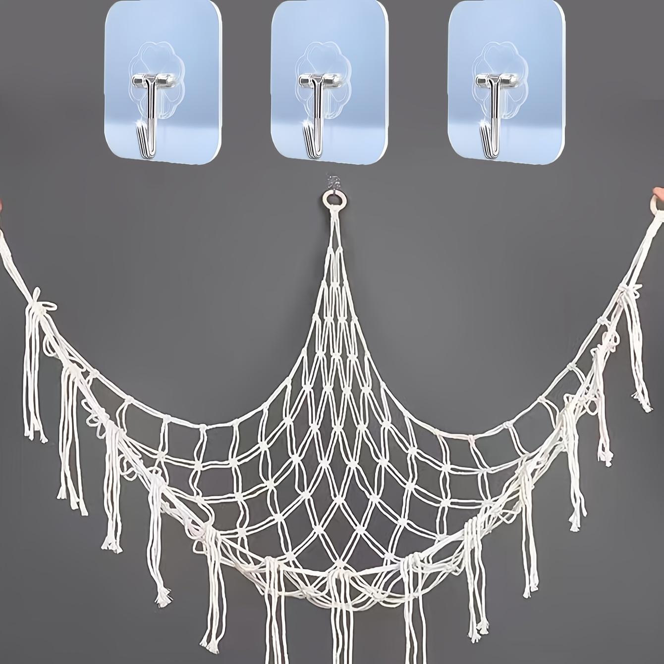 TEMU Hamac de rangement pour peluches, filet d'angle mural tissé à style tapisserie à pompons pour poupées, grand filet de rangement mural d'angle en