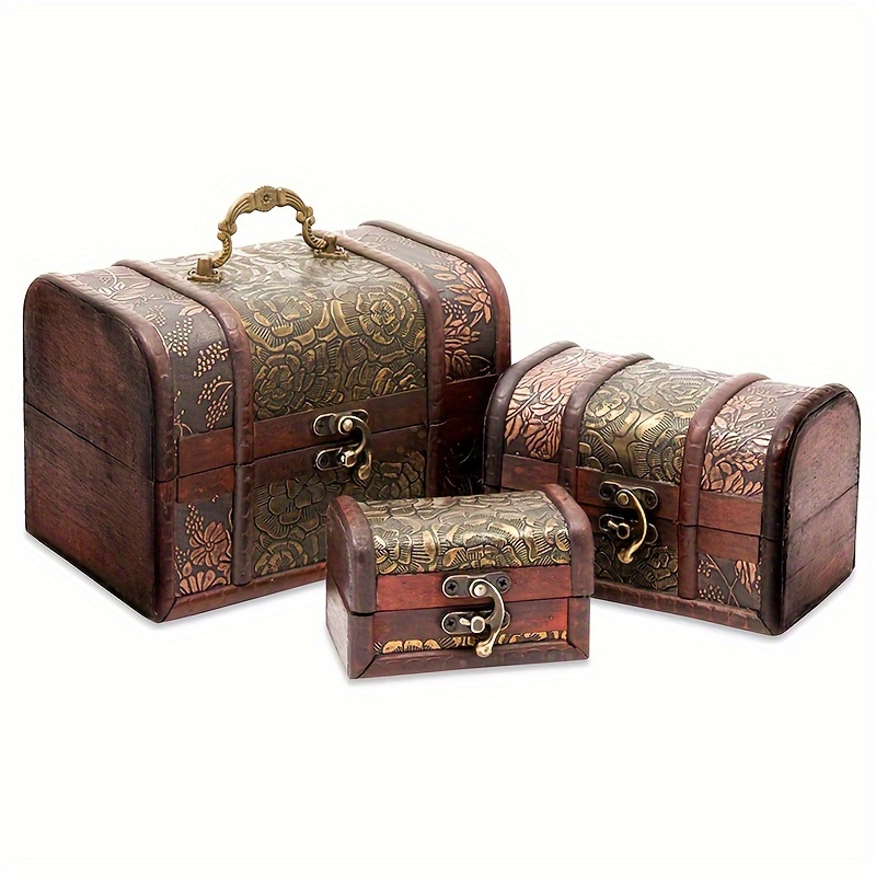 

3pcs Vintage Floral Pattern Wooden Jewelry Chest Set, Decorative Small Treasure Boxes With Necklace Hooks, Rectangular Keepsake Organizer For , Memorabilia, And Home Decor,