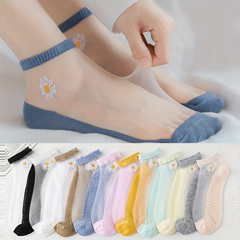

10 Pairs Daisy Pattern Socks, Thin & Breathable Ankle Socks, Women's Stockings & Hosiery