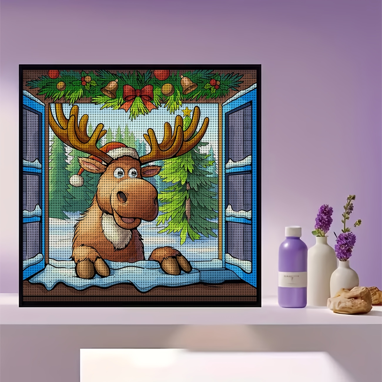 Moose Wearing Santa Hat Cross Stitch Kit for Beginners