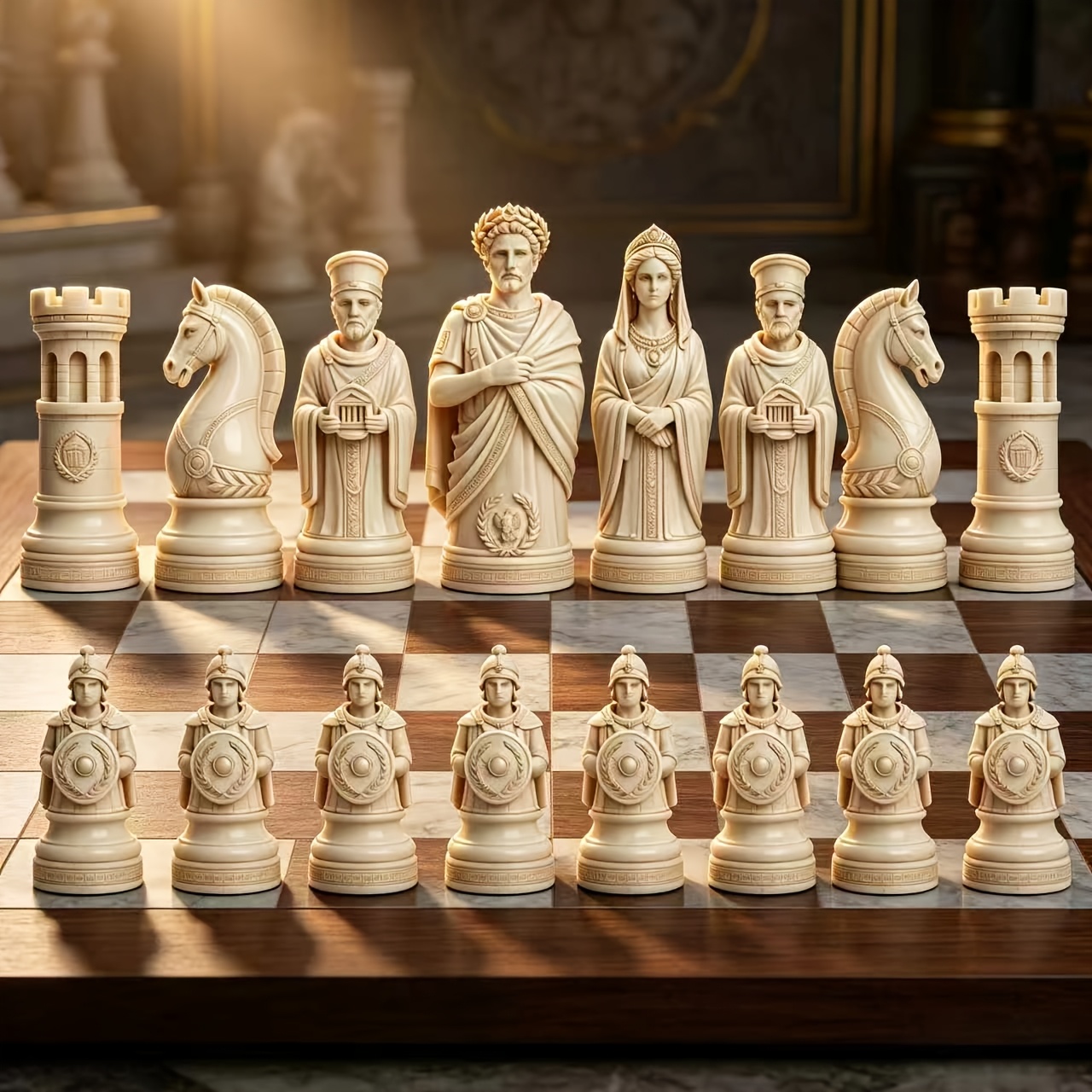Image of 16pcs3d Vintage European Roman Sculpture Chess Pieces, Complete Set Including King, Queen & , Home Table Decor & Business Gift Chess Set, For Chess Enthusiasts