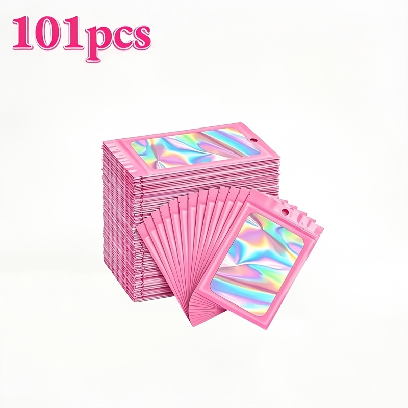 TEMU Gift For Her/him 101pcs Thickened Pink Holographic Self-sealing Bags With Transparent Window, Portable Storage Bags, Ins-style Colorful Window