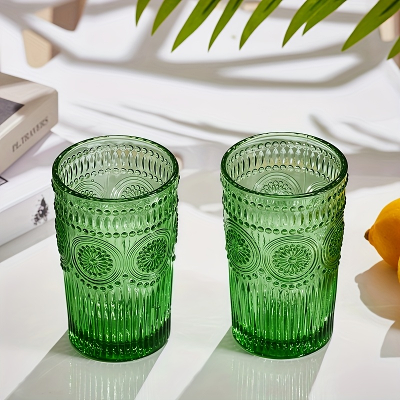 4er-Set Premium Retro Grüne Trinkgläser, 390 ml/* Vintage Texturbecher für Wasser, Eis-Kaffee * Cocktails & * Dicke Glasbecher für Küche, Bar, Partys, Esstischdeko, Geburtstags- & Weihnachtsgeschenke