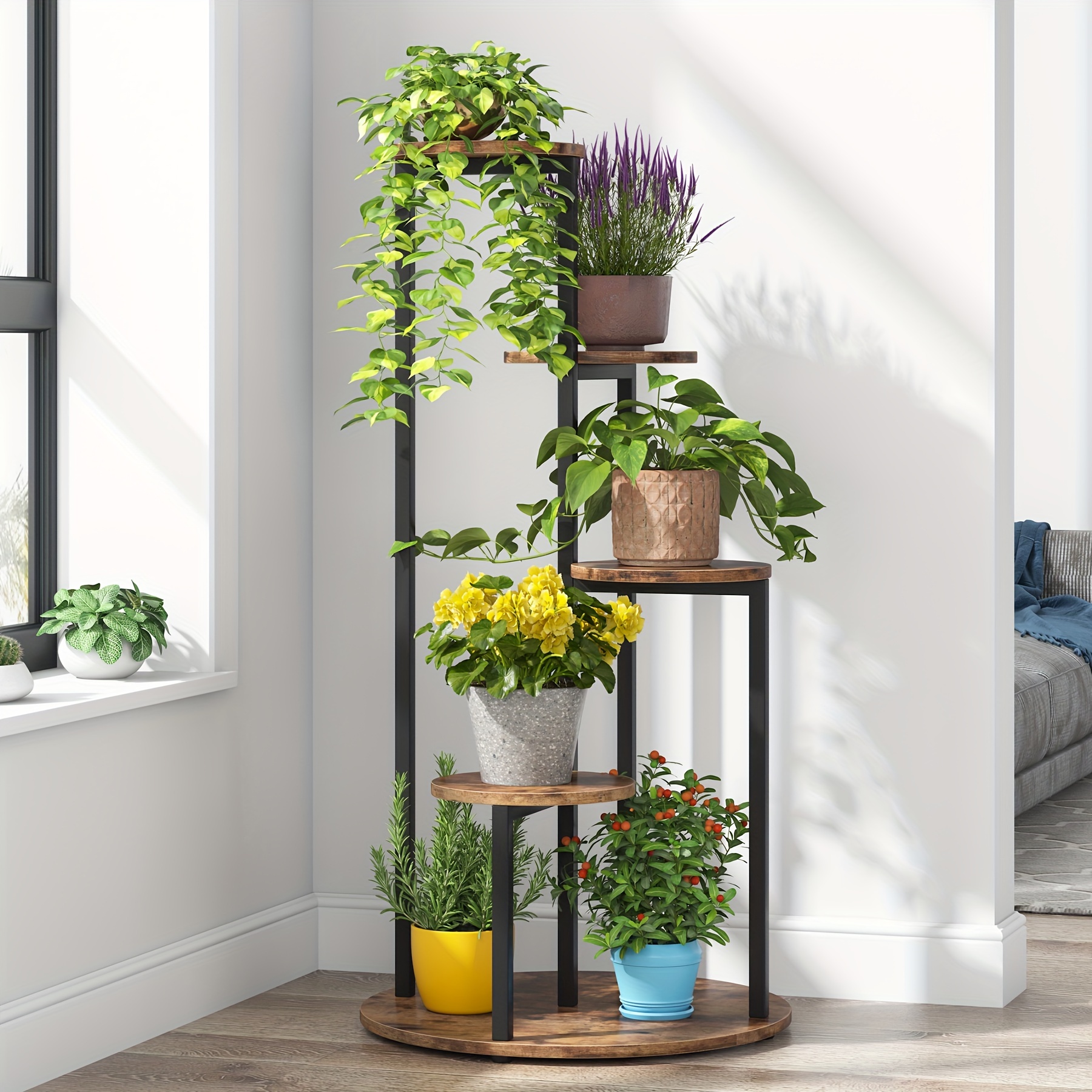 

Little Tree Corner Plant Stand Indoor, 5-tier Tall Plant Shelf Holders For Multiple Potted Plants, Wood Flower Pot Stands With Metal Frame For Balcony Garden Patio, Easy Assembly