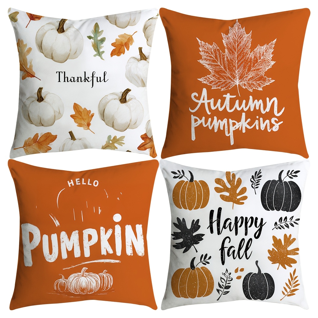 TEMU 4-pack Thanksgiving Theme Pillow Covers, Rustic Autumn Pumpkin & Leaf Design, Orange & White Cushion Cases For Fall (polyester, 45x45cm,