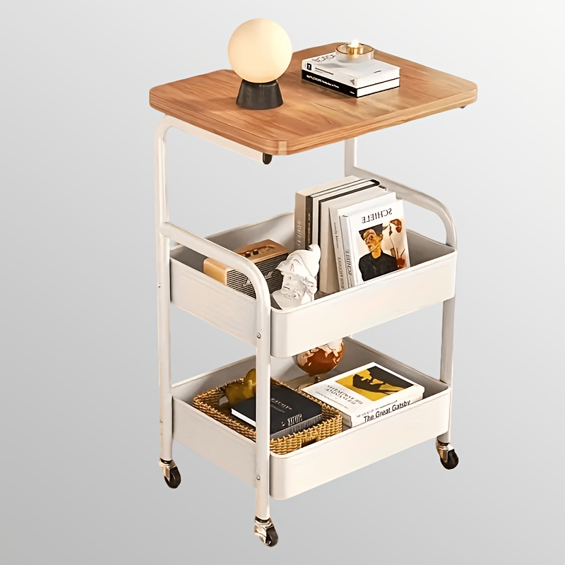 TEMU Chariot de Rangement Roulant Multifonctionnel - à Pousser, Plateau en Bois et Panier en , Roues Portables Rotatives à , Convient pour Cuisine,