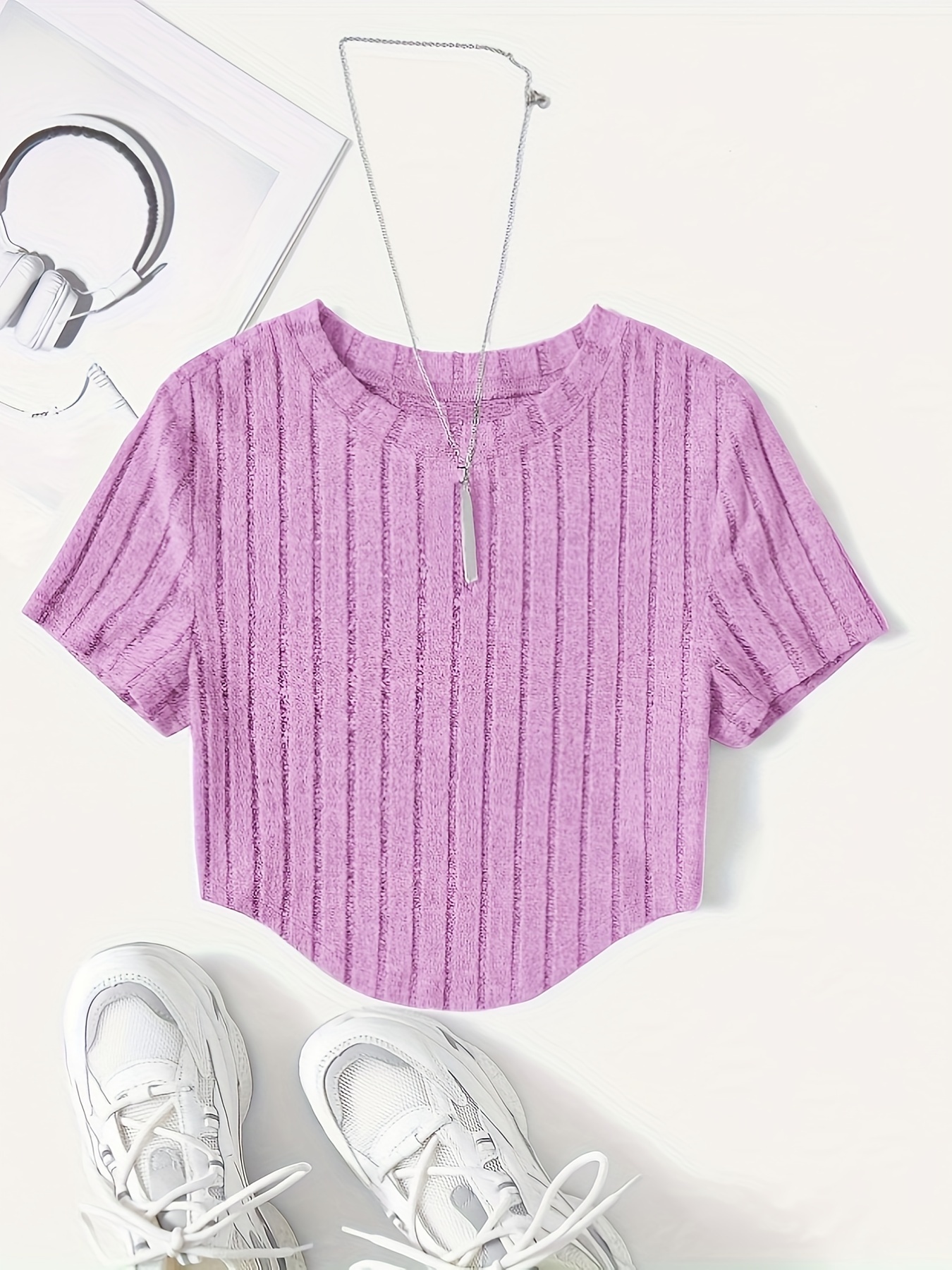 Women's Casual Short Sleeve T-Shirt - Soft Stretch Polyester-Spandex Blend, Loose Fit Round Neck Summer Top, Solid Color Machine Washable Tee for Casual Attire
