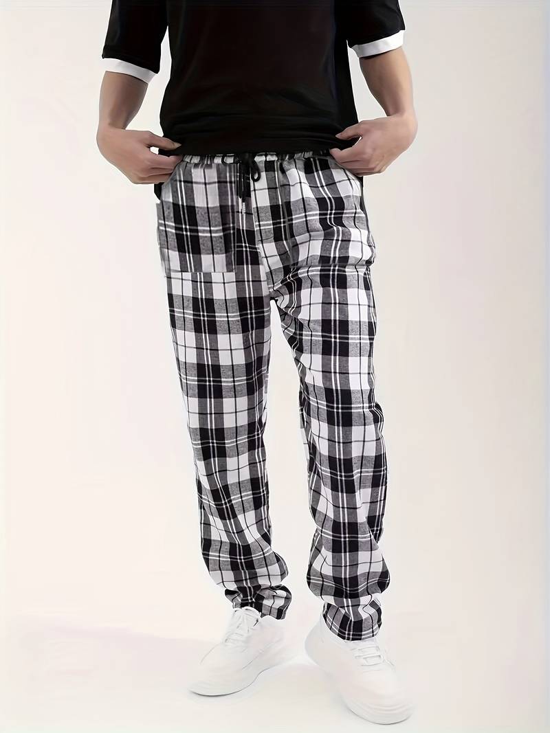 Pantalon De Pyjama Homme LCDIUDIU - Coton Léger à Carreaux - Taille Élastique - Bleu Marine - Avec Poches