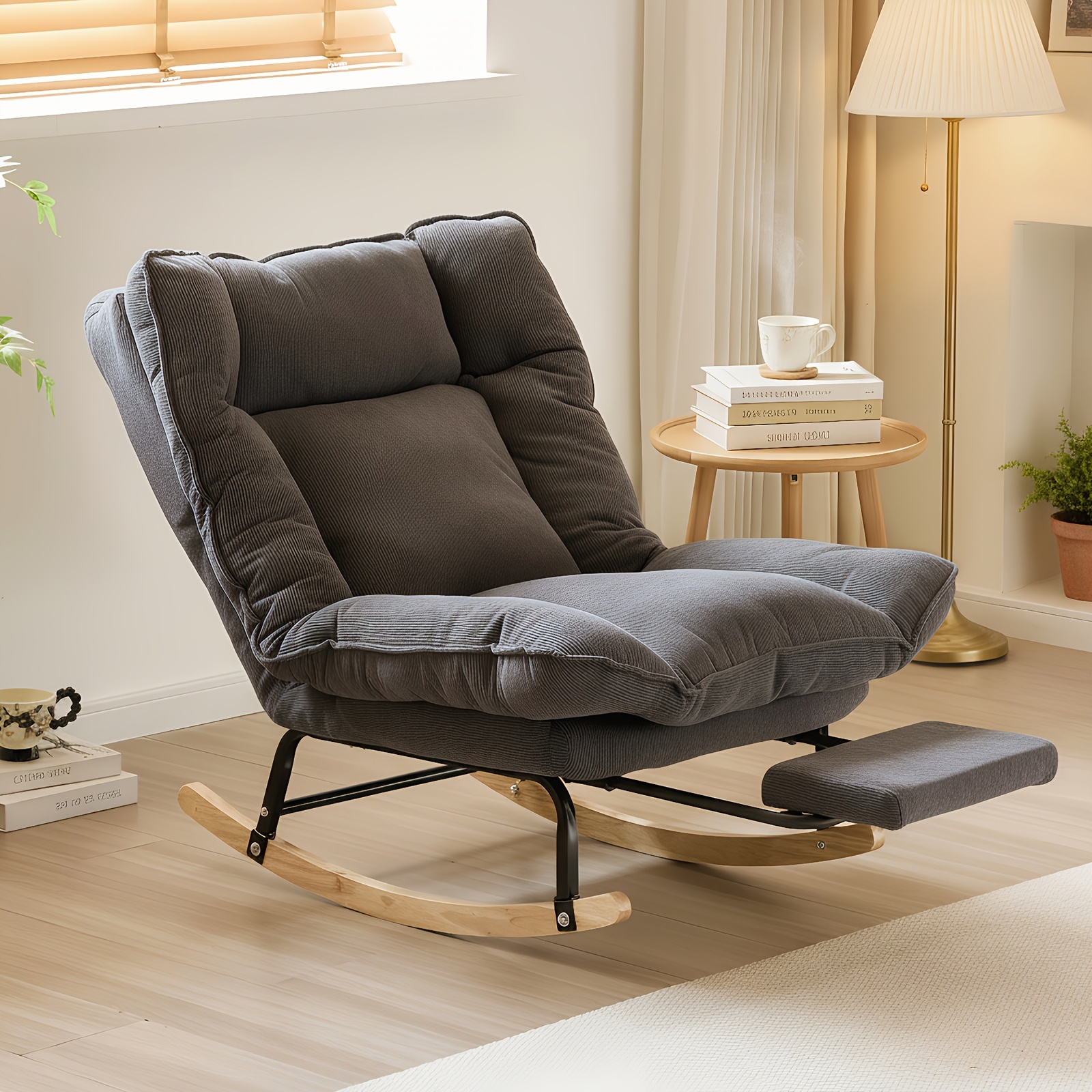 Image of Topchances Adjustable High Back Rocking Chair With Footrest, Extra Wide Soft Cushioned Glider Rocker, 90°-180° Reclining Backrest For Home Balcony Garden Courtyard Outdoor Leisure