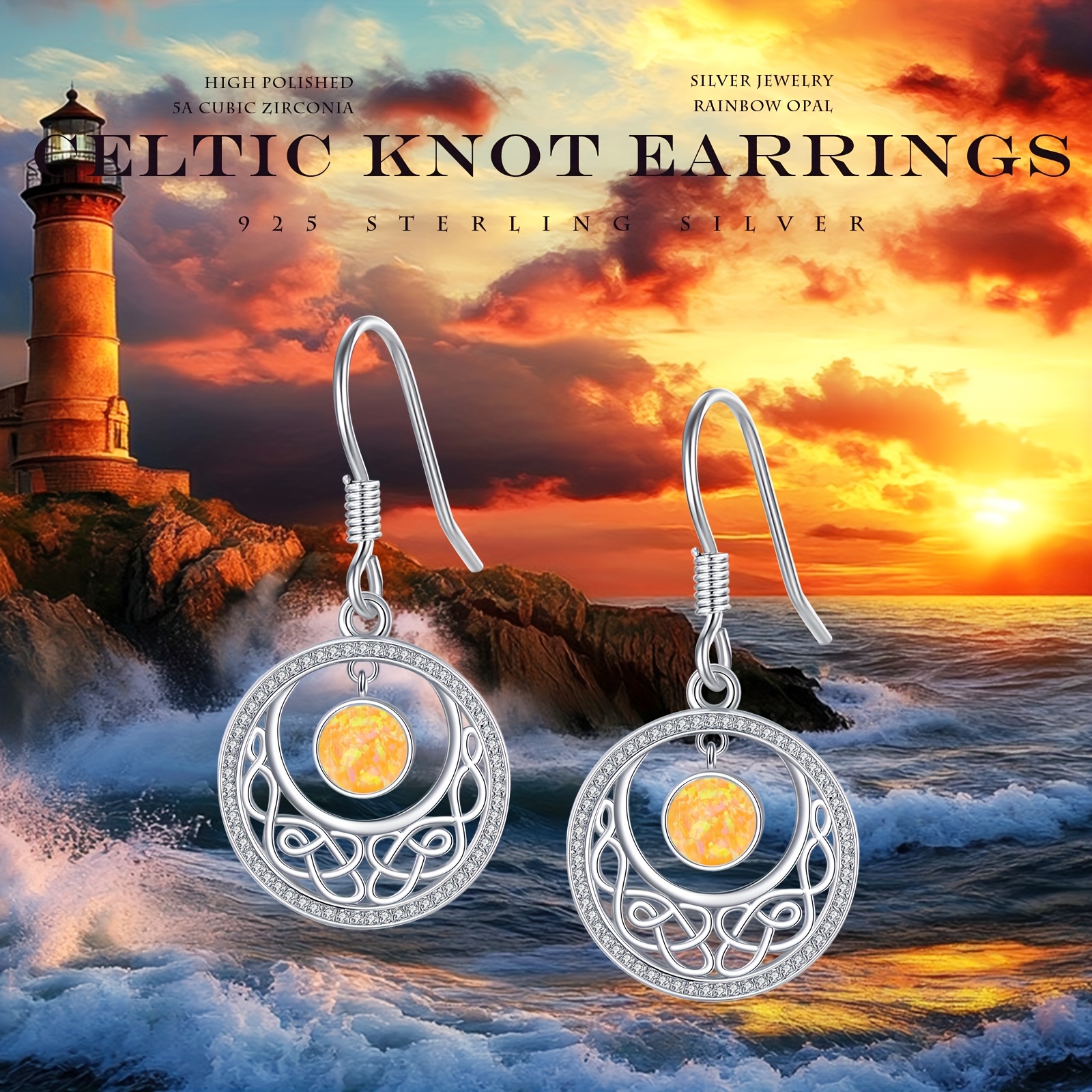 Celtic Moon Earrings For Women, 925 Sterling Silver, Celtic Moon Pendant Earrings With Opal, Hypoallergenic Celtic Jewelry, Day Gift For Women, Mom, Wife, Best Friend