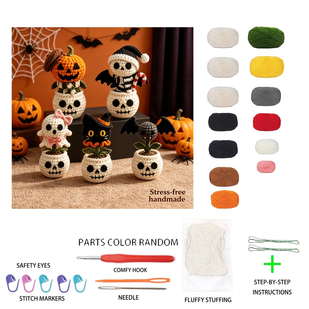 TEMU 1set-halloween Potted Plant(not A Finished Product)-diy Crochet Material Kit, A Must-have Gift For Teacher's Day/mother's Day/father's