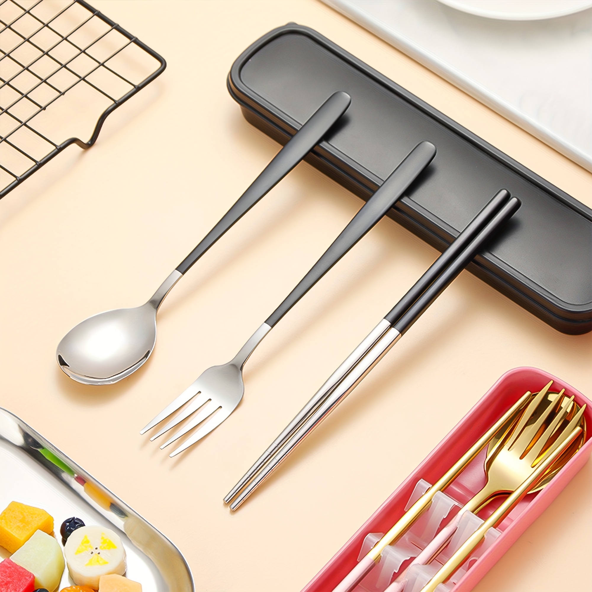 

4pcs Stainless Steel Portable Cutlery Set - , Rust-resistant Forks, Spoons & Chopsticks With Travel Case - Ideal For Steak Dinners, Outdoor , Camping, Hiking, Picnics & Use