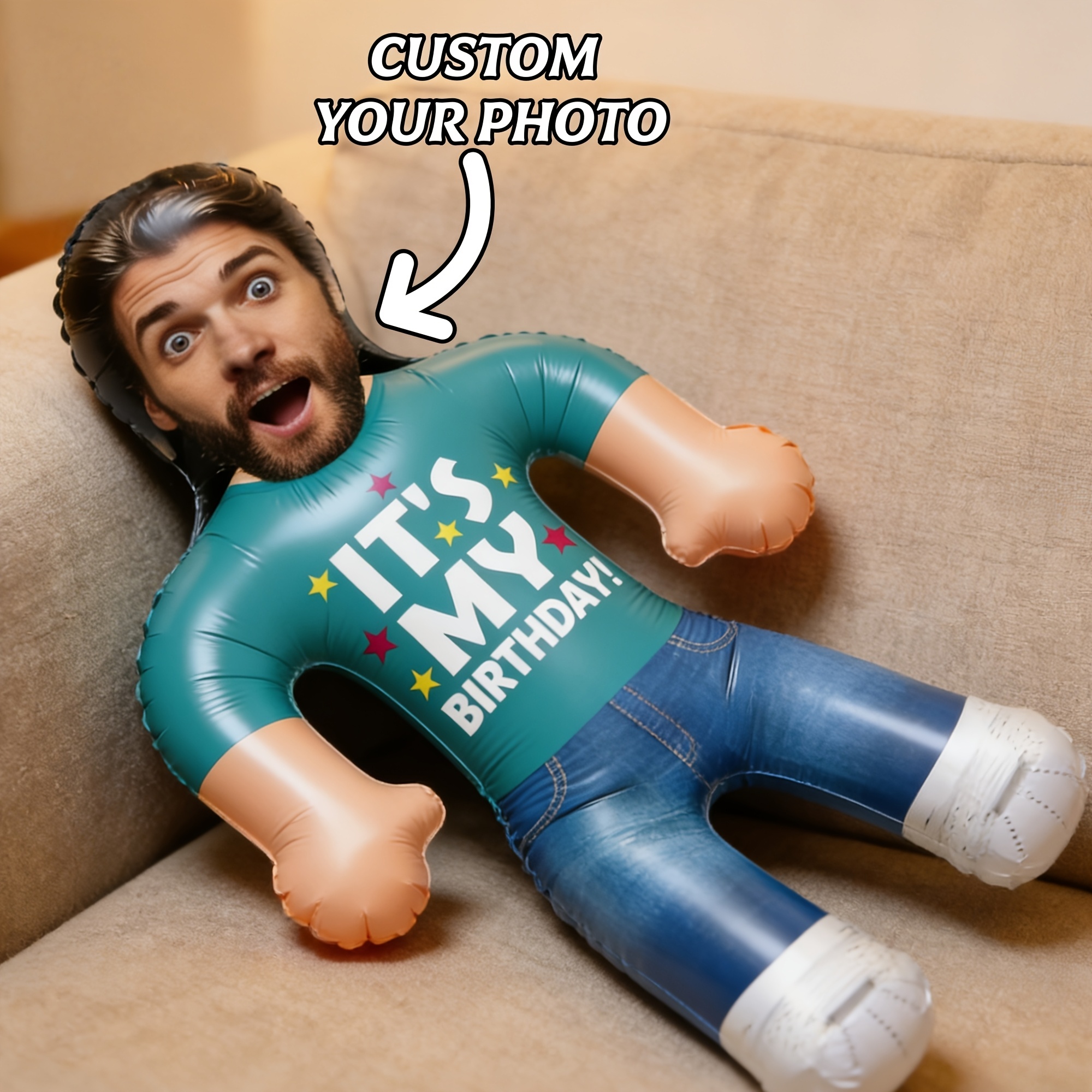 TEMU Custom Photo Birthday Party Inflatable Doll, Funny Celebration Blow Up Doll, Personalized Birthday Gift, Happy Birthday Prop, Party Favor For ,