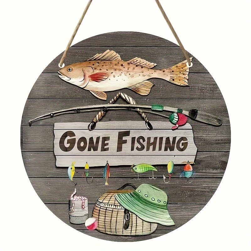 

1pc Round Wooden Fishing Wreath Sign, Gone Fishing Wall Decor, Vintage Composite Board Wall Art Poster, Home Bar Club Cafe Door Plaque, 8inx8in Room Decor, Festive Front Door Decoration, Gift Idea