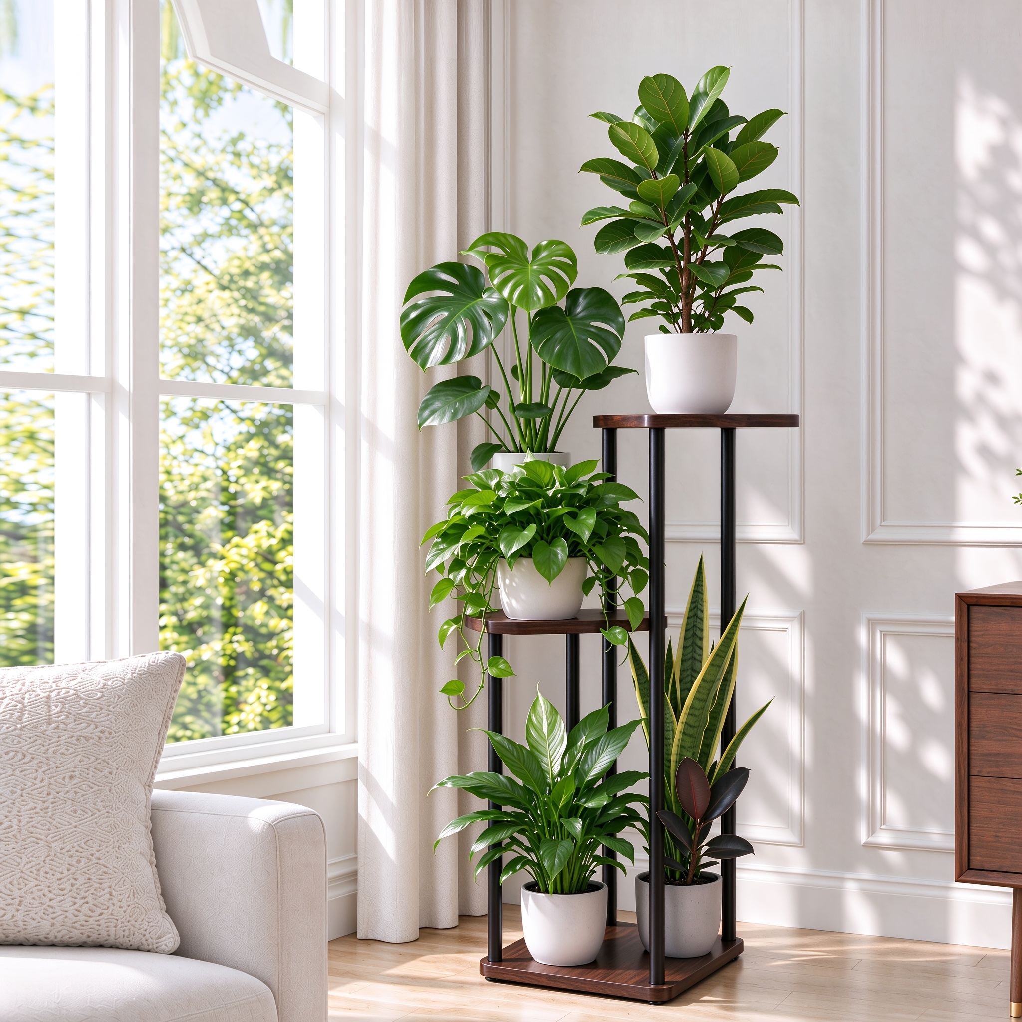 TEMU Bamworld 4-tier Dark Brown Metal Plant Stand Indoor, Small Corner Flower Stand And Plant Shelf For Multiple Plants, Suitable For Patio, Garden,
