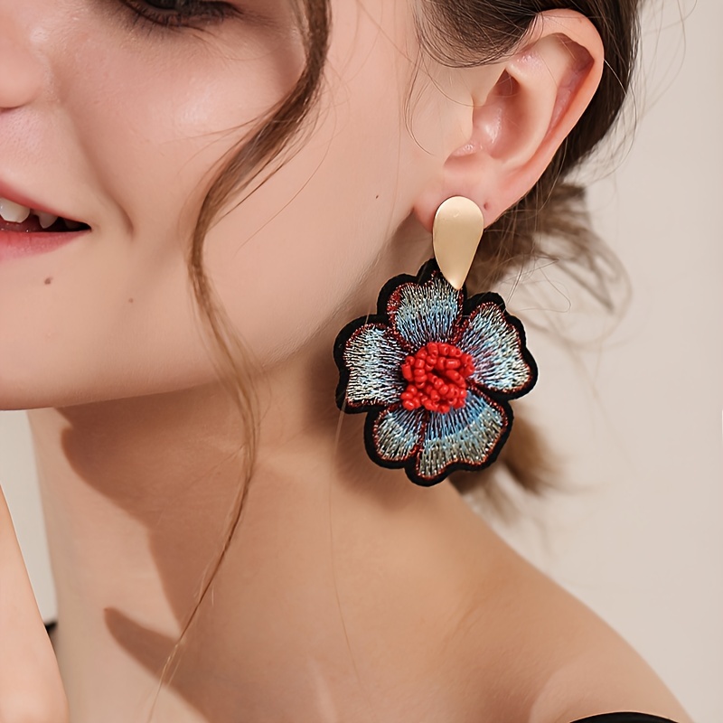 

Bohemian Style Embroidered Flower Earrings With Hand-sewn Seed Beads And Resin Accents For Women - No Plating Polyester Earrings For Daily Wear And Beach Vacations - 1 Pair