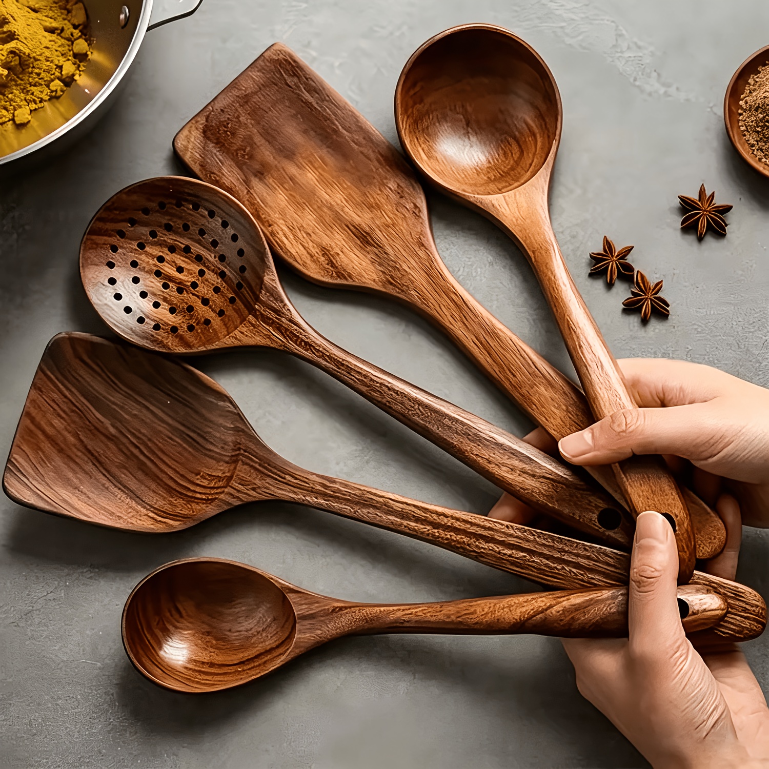 E-shop COOKDEVIL 5-teiliges Küchenutensilien-Set aus Holz, Natürliches Holzspurtle-Löffel-Set, Antihaft-Pfannen-Küchenhelfer, Handgefertigter und