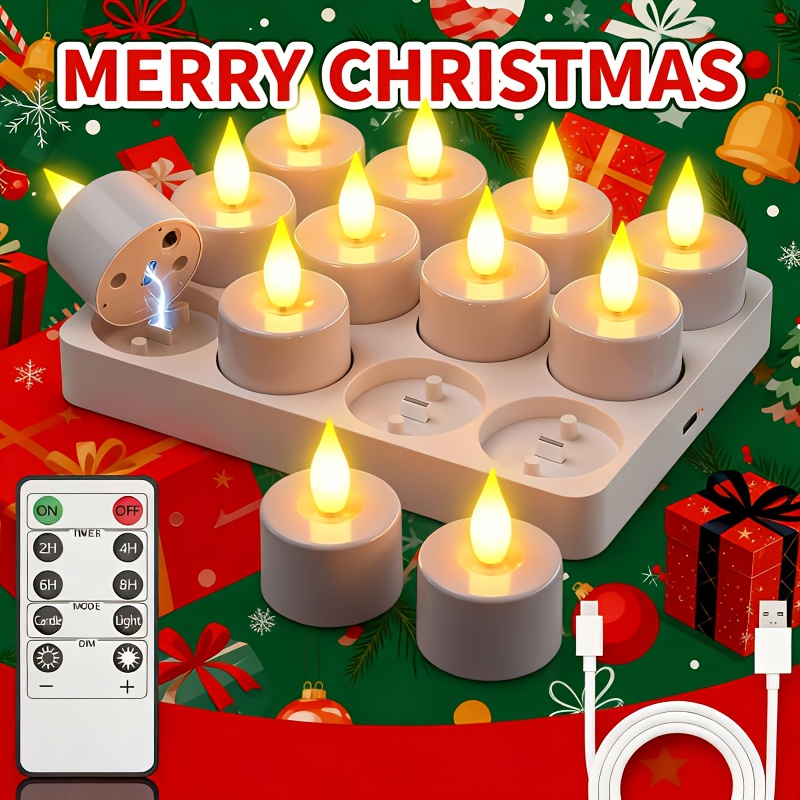 Image of 12 Rechargeable Tea Lights With Remote Control & Timer, Flickering Electric Led Candles, Rechargeable Tea Lights With Charging Station, Decoration For Christmas Party Home