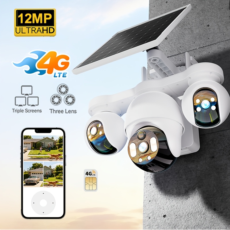 Image of 8mp/12mp Outdoor Security Camera With Triple-lens Ptz, Pir Human Detection & Color Night Vision, Ip Camera Suitable For /business, Sim Card Included, Cctv System With Local/cloud Storage