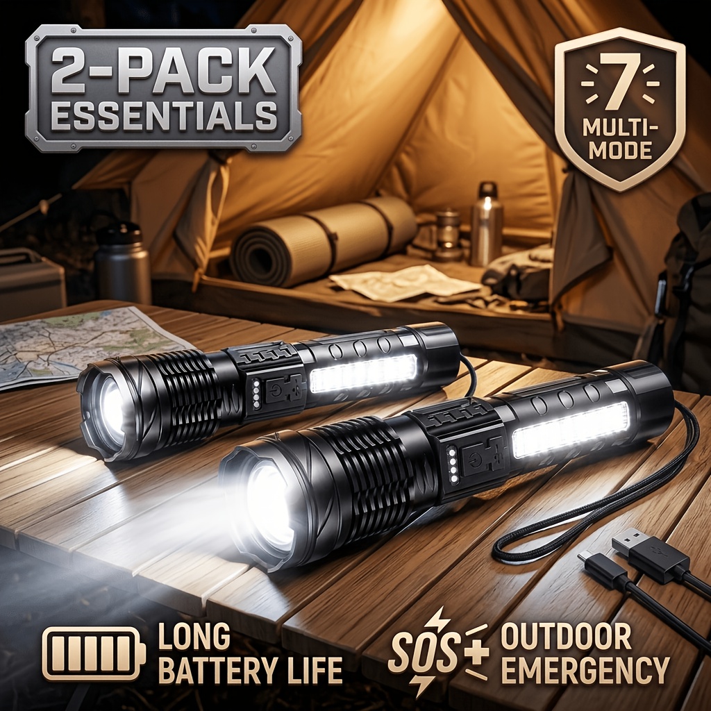 TEMU 2/4/6pcs Led Flashlights, 3 Light , , 2200mah, Usb Charging, Portable Handheld Flashlight For Camping, Home Emergency, Ideal Gift For Halloween,