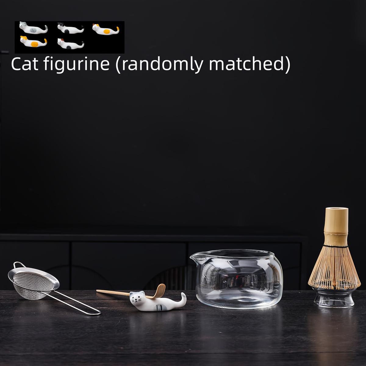 Image of (random Figurine)-one Glass Matcha Making Kit With Whisk, Scoop & Spoon - Japanese Tea Ceremony Set, Authentic Matcha Powder Prep Kit For, Gifts, For Use & Japanese Experience