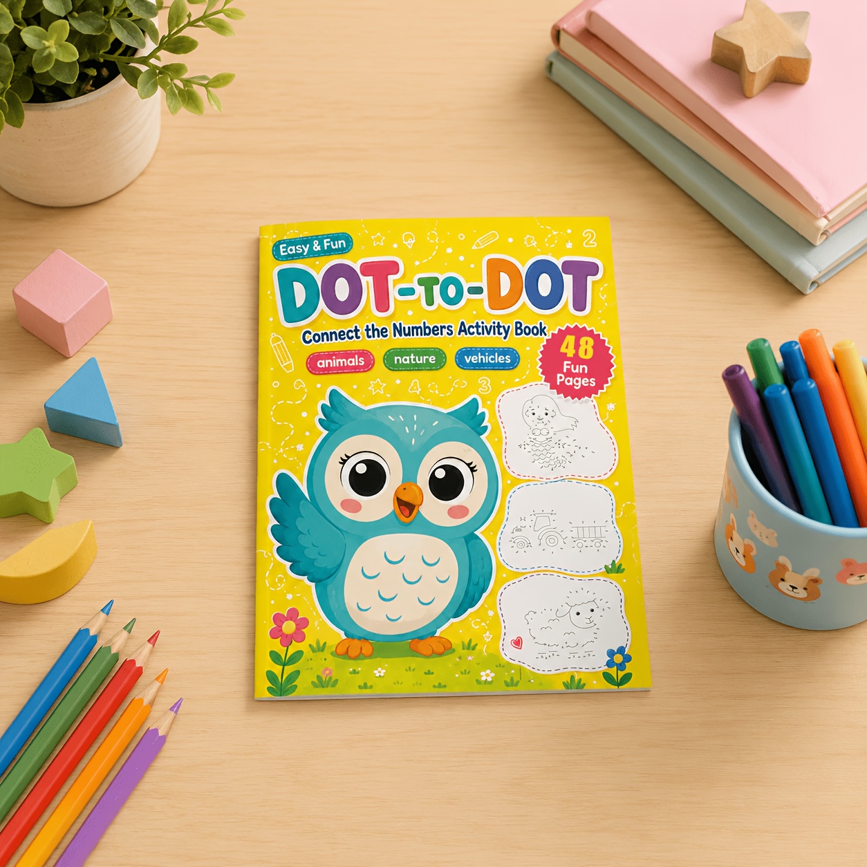 TEMU Children Dot-to-dot Connect The Numbers Activity Book, 48 Pages Multi-themed Dot Drawing Pages With Animals, Nature & Vehicles, Educational