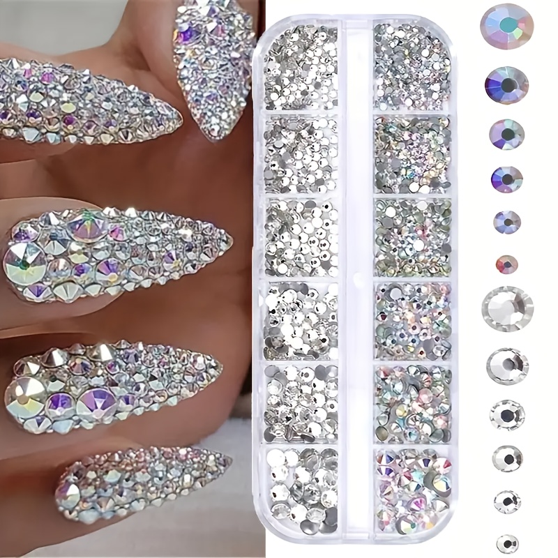 

Une boîte de colles à ongles AB Crystal en couleur, aux , pièces décoratives 3D pour des ongles, ensemble de perles d'ongle en couleur AB transparente à fond plat de tailles mélangées DIY.