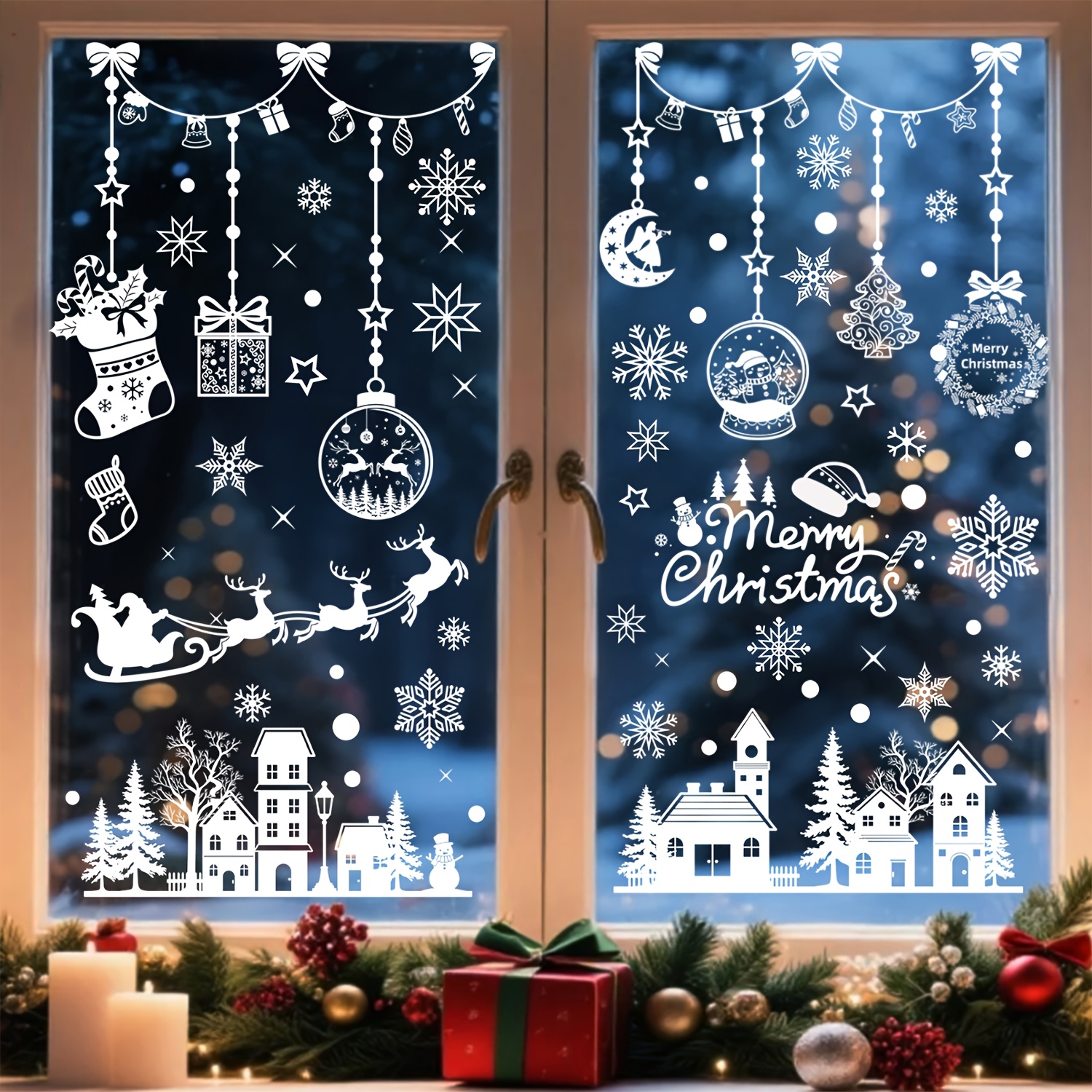 Christmas Window Decorations For Indoor Decor - 9 Bell Pendant Christmas Window Stickers, Snowflake Decorations, Suitable For Home Office Parties