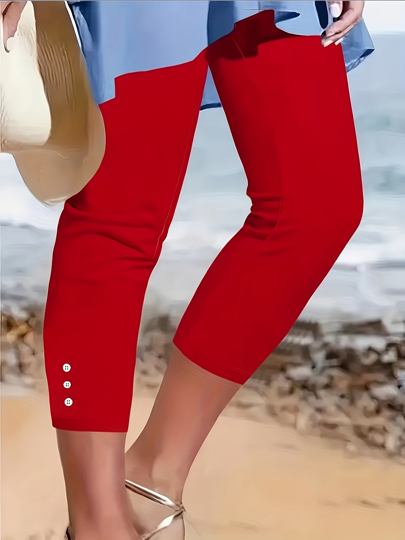 womens elegant solid color capri pants stretchy button front design machine washable spring summer casual to dressy trousers summer trousers nontransparent fabric