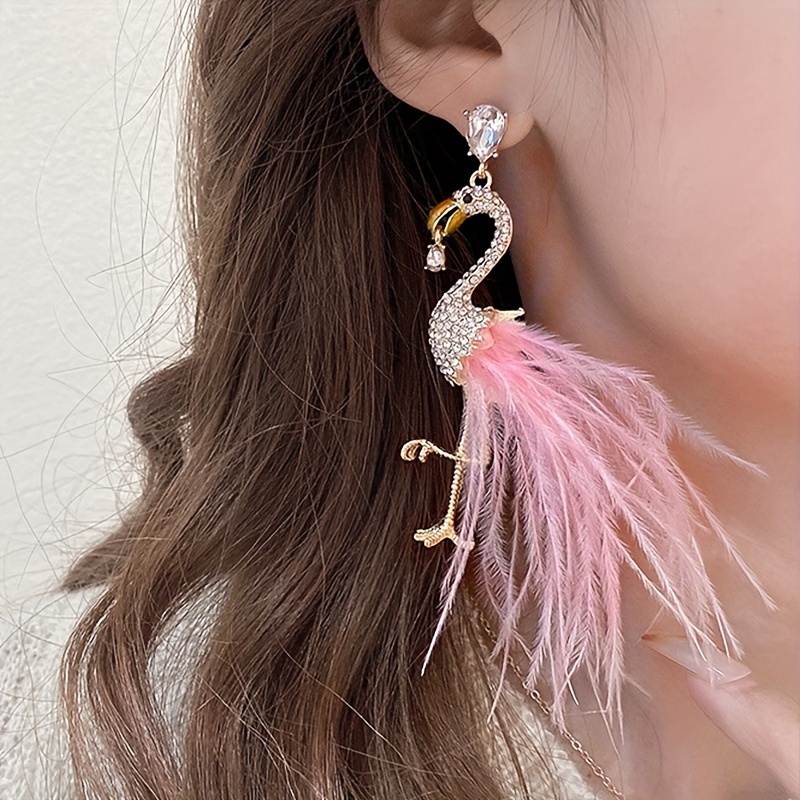 

Unique Creative Flamingo Feather Design Dangle Earrings Alloy Plated Jewelry With Rhinestones Inlaid Personality Party Earrings