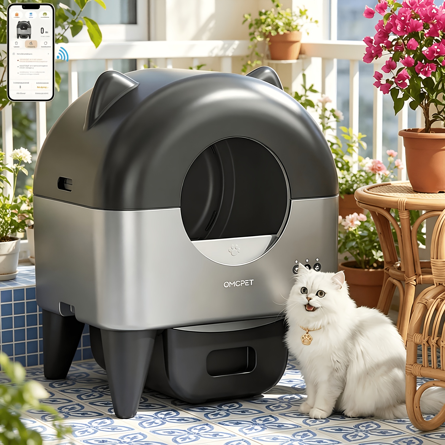 TEMU OMCPET Bac à litière autonettoyant pour chat, grand tambour de 95L avec poubelle à déchets scellée de 15L, toilette intelligente pour chat avec