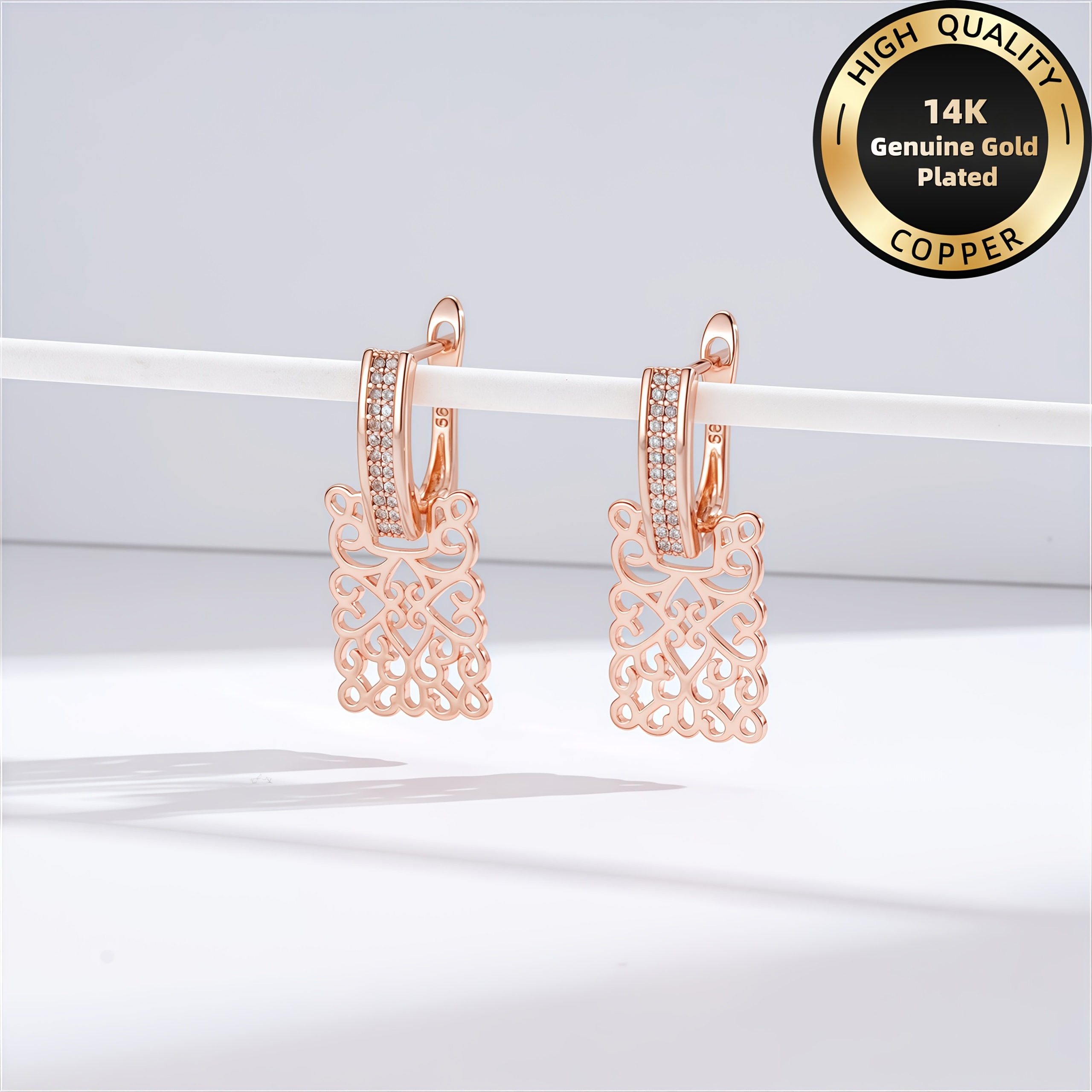 TEMU A Pair Of Rose Golden-tone High-end Exquisite Hypoallergenic 14k Gold Plated Copper Women's Earrings, Featuring An Elegant Vintage Design With