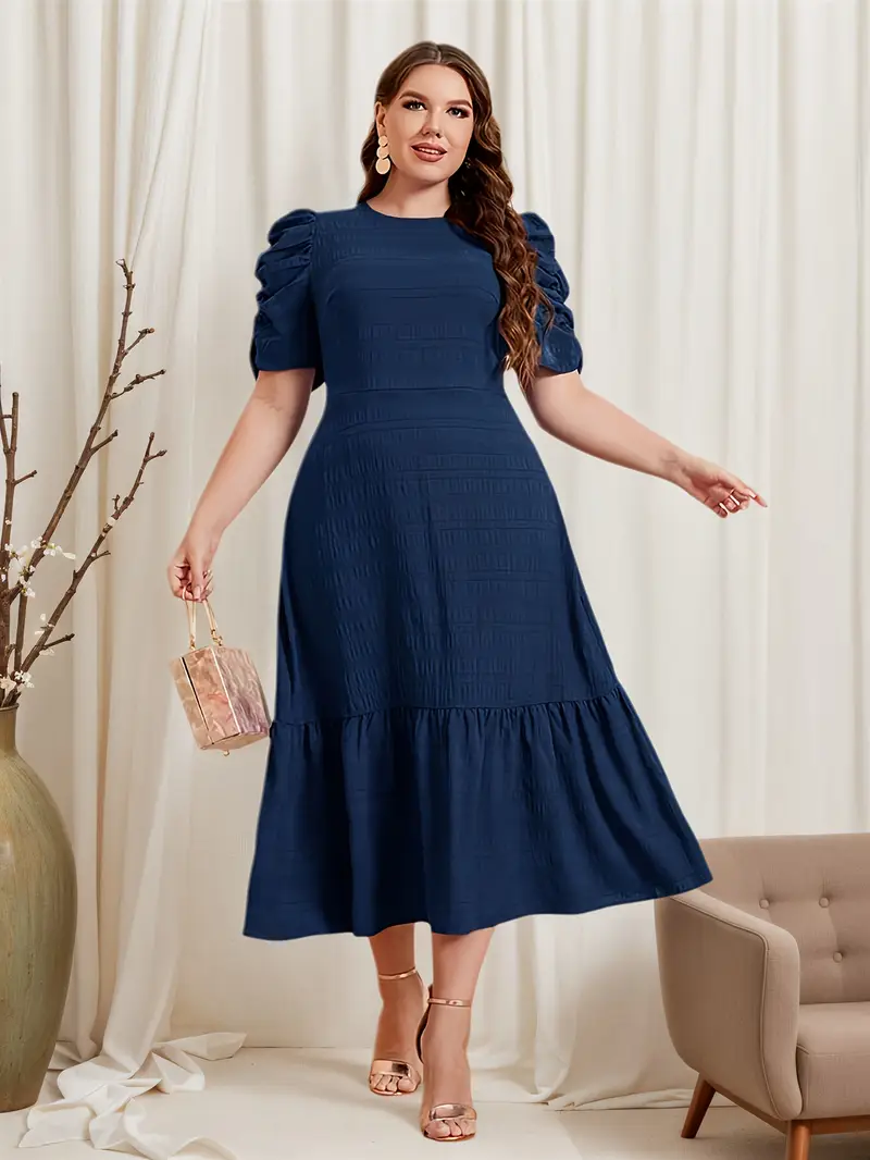 navy blue plus size summer dress Showmall Plus Size Wrap Dress for Women, Soft Stretch V Neck Casual Summer Dress, Navy Blue 1X Elastic Waist Flowy A-Line Dress with Pockets, Women's,